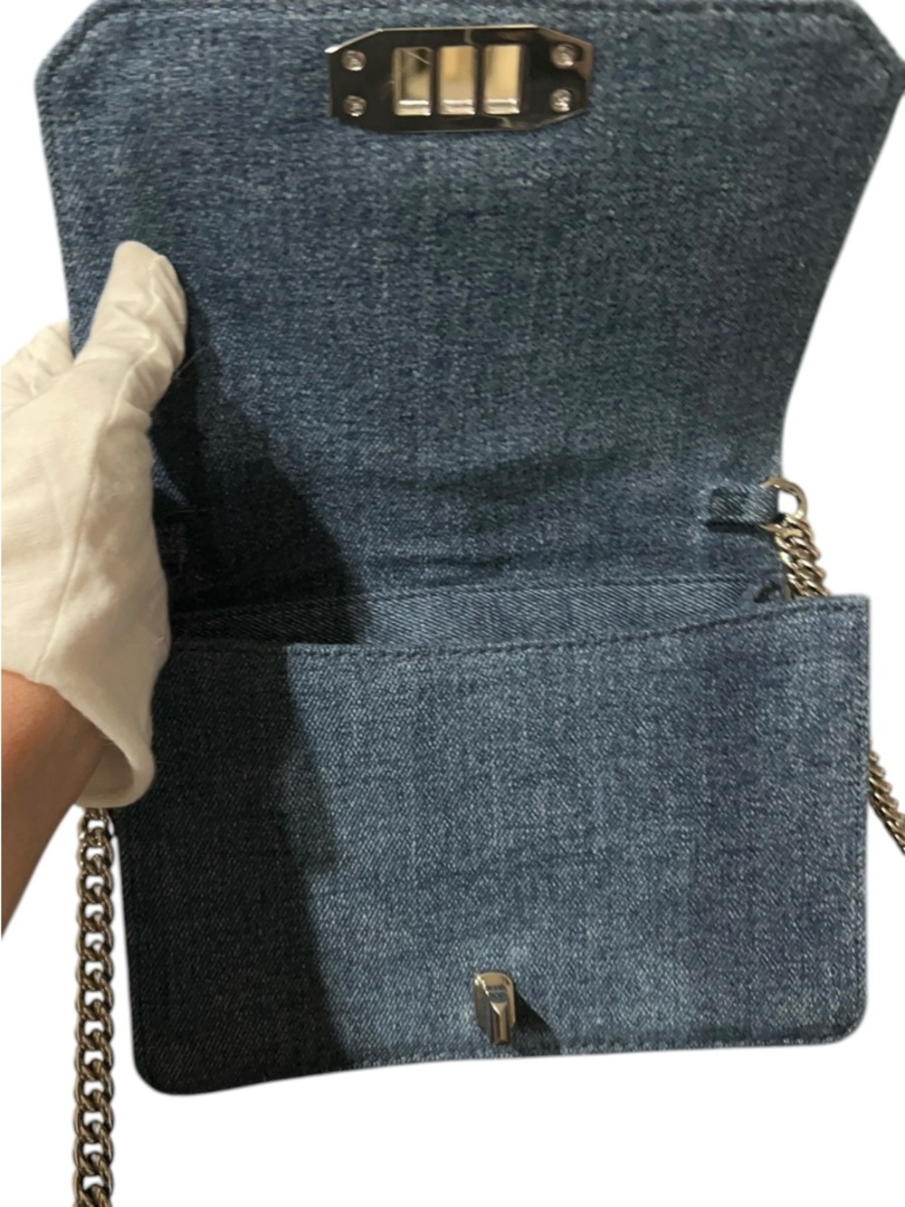 Rebecca Minkoff Edie Studded Pearl Denim Crossbody Bling Chain Bag RARE Like New - Picture 6 of 10
